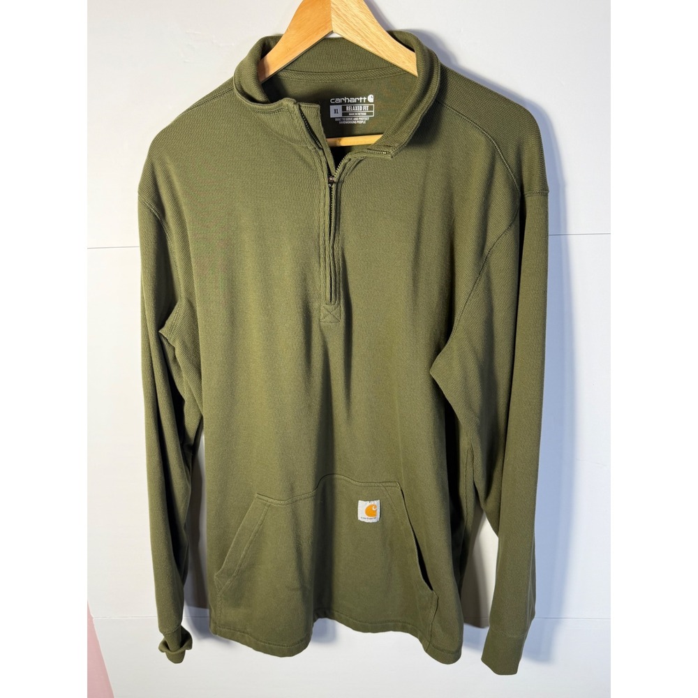 Carhartt Mens Relaxed Fit Quarter Zip Pullover Olive Green Waffle Knit XL